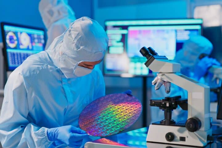 Semiconductor manufacturing technician inspecting a post-etching silicon wafer