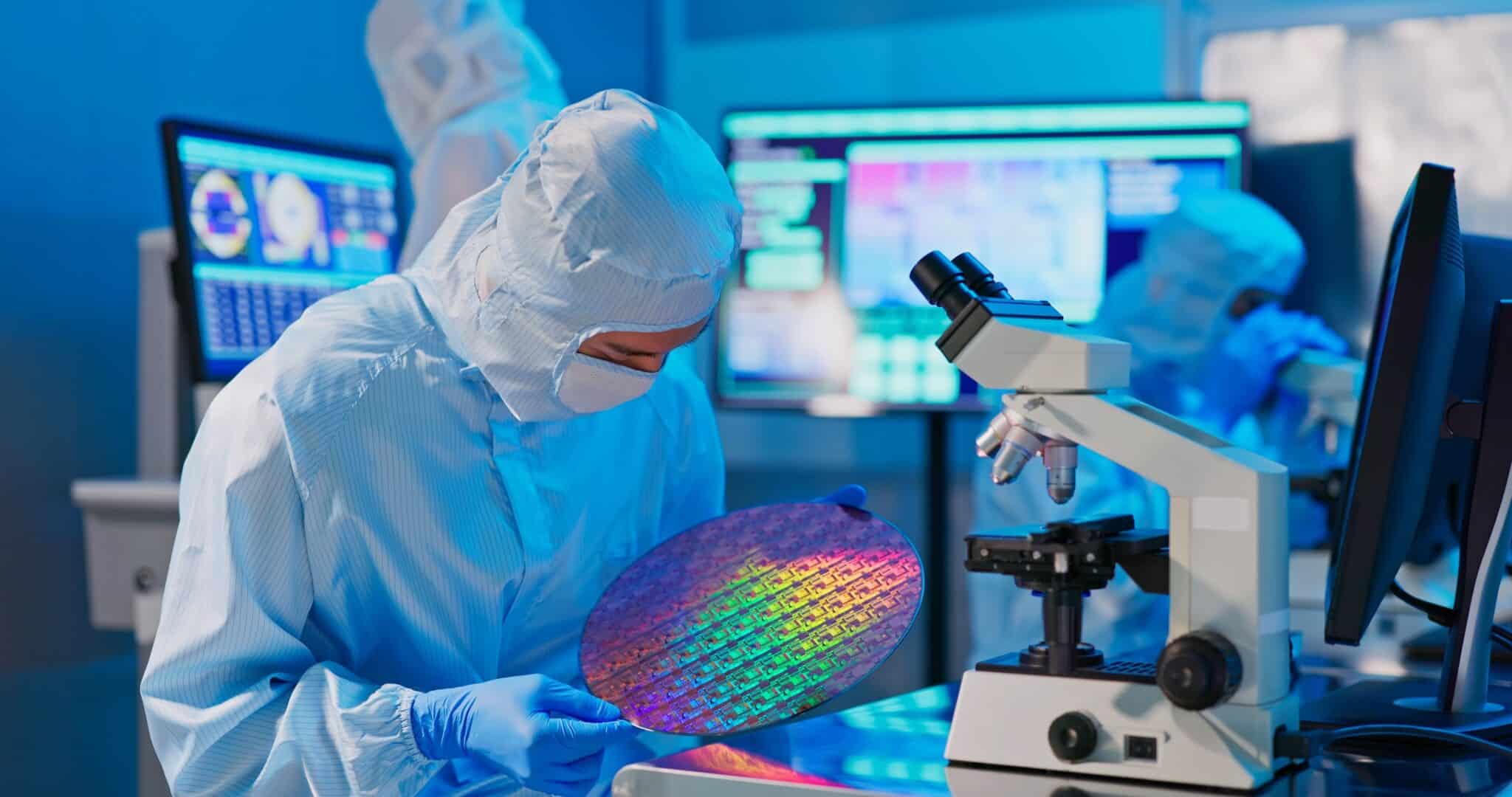 Semiconductor manufacturing technician inspecting a post-etching silicon wafer